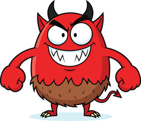 Cartoon red monster with horns and sharp teeth, mischievous creature mascot illustration for Halloween, fantasy character design, playful and scary artwork