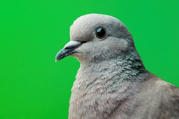 Pigeon isolated on a green screen. Gray Dove looking at camera on green background. Animal backdrop. Funny Pets on chroma key. Playful friendly bird with copy space for your text. Animation. Humor