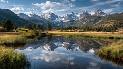 A serene lake reflects snow capped mountains and a blue sky with scattered clouds above the forest