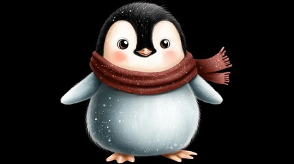 Cute Penguin Wearing a Red Scarf with Snowflakes Under a Black Background
