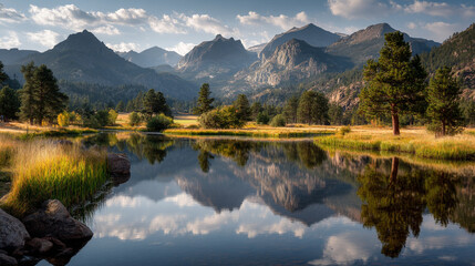 Obraz premium Scenic view of a lake reflecting mountains and trees under a bright sky in a natural environment