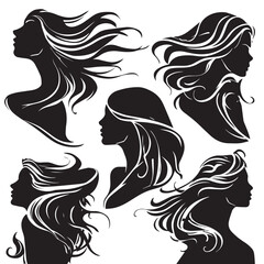 Set of Elegant Woman Silhouettes with Flowing Hair – Vector Illustration