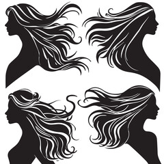 Set of Elegant Woman Silhouettes with Flowing Hair – Vector Illustration