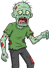 Cartoon zombie with green skin and bulging yellow eyes, creepy undead monster illustration for Halloween, horror mascot design, scary character artwork