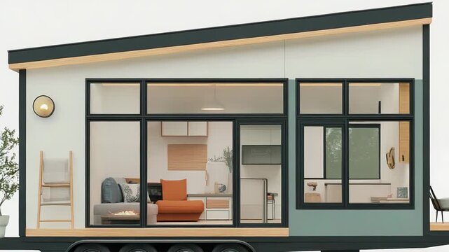 Modern tiny house on wheels showing interior design on white background
