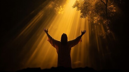 Jesus depicted with outstretched arms under golden light in a serene, natural setting, conveying a message of faith and hope