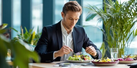 The businessman enjoying a healthy salad during his lunch break in an office setting.