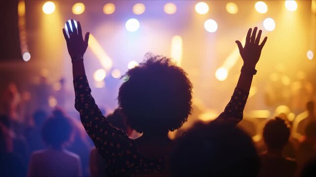 Woman clapping hands at concert, back view. Fan silhouette raises hands up in air, clapping in blue stage spotlights light. Audience applause at music band performance. Happy young girl applauding