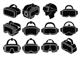 Virtual Reality Headset Icons Collection in Black and White Silhouette Style