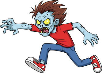 Cartoon running zombie with blue skin and glowing eyes, horror mascot illustration for Halloween, games, comics, and undead character designs