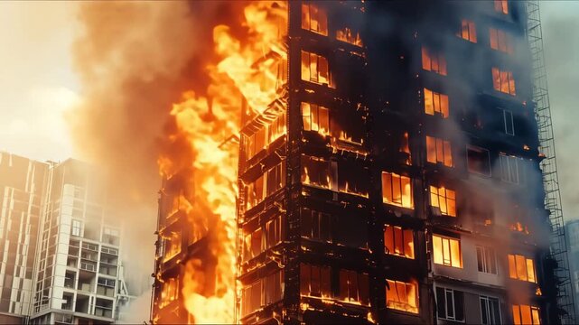 Fire blazing in apartment building. Burning house is engulfed in flames at night.