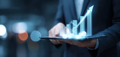 The Tablet Display Showing a Rising Holographic Bar Chart for Business Growth and Analytics