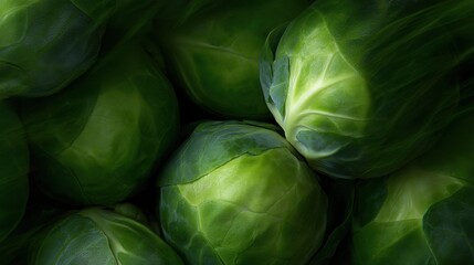 Obraz premium Close-up of a pile of fresh green brussels sprouts. the brussel sprouts are large and round, with a slightly wrinkled texture. they are arranged in a pile, with some overlapping each other.