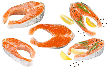 Set steaks of fresh raw trout fish isolated on a transparent background. Full depth of field. PNG.