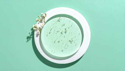 Teal Glass Plate with Microbubbles and Flowers on Green Background
