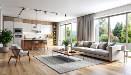 Fototapeta premium Modern Bright Living Room with Open Kitchen and Natural Light