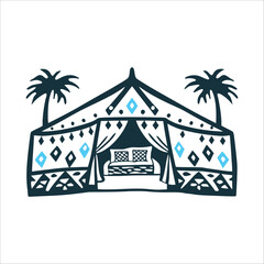 Fototapeta premium Bedouin Tent Illustration with Geometric Patterns Al Dhafra Festival Bedouin tent barasti with geometric weave patterns