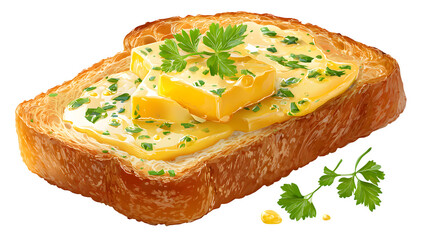 HD realistic bread slice with butter, cheese, and parsley isolated on white png