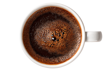 Overhead view of a full cup of dark coffee.  Rich, dark brown liquid fills a white ceramic mug, with a visible crema and bubbles on top.  Clean, simple presentation