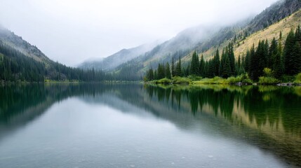 Fototapeta premium Landscape photograph of a beautiful mountain lake. the lake is calm and still, reflecting the surrounding mountains and trees. the sky is overcast and foggy, creating a hazy and misty atmosphere.