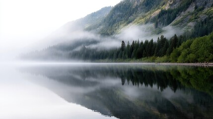 Landscape photograph of a mountain lake. the lake is calm and still, reflecting the trees and mountains in its surface. the mountains are covered in green trees and the sky is overcast.