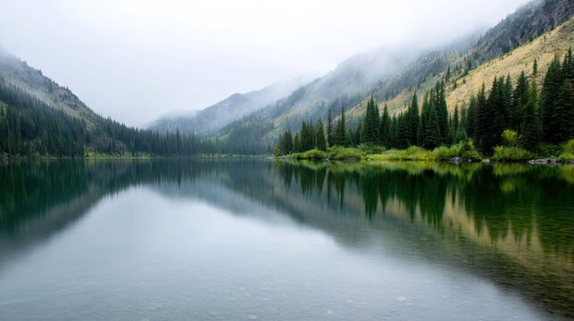 Landscape photograph of a beautiful mountain lake. the lake is calm and still, reflecting the surrounding mountains and trees. the sky is overcast and foggy, creating a hazy and misty atmosphere. - Powered by Adobe