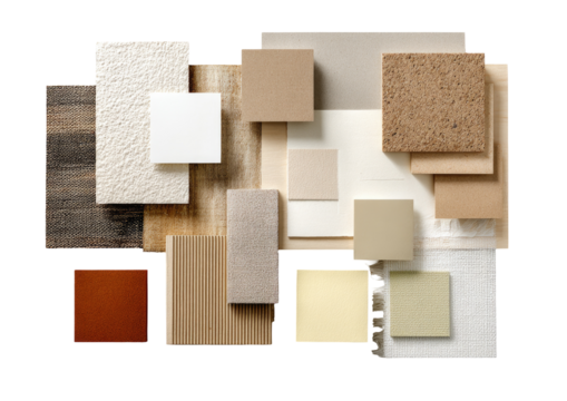 Assorted material swatches in various neutral tones, arranged in a design-focused layout.  Different textures and shades of wood, stone, and paper-like surfaces are displayed