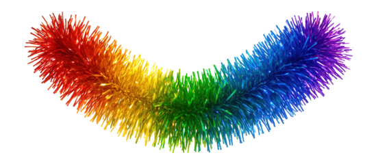 Rainbow tinsel garland with mixed lengths and vibrant colors