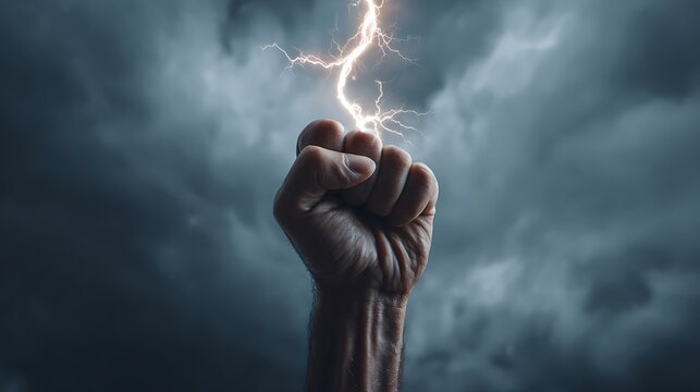 Fist raised to the sky capturing a lightning bolt