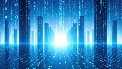 Abstract Digital Cityscape with Glowing Blue Data Rain