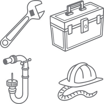 Black and White Plumber Elements and Tools Vector Collection

