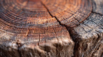 Fototapeta premium A detailed close up of a weathered tree stump showing rings and cracks in the wood surface texture