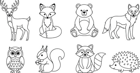 Charming collection of woodland creatures in simple line art style