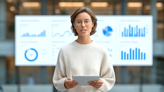 businesswoman presenting a digital marketing report showing Google My Business rankings, citation growth, keyword density analysis, long-tail keyword strategies, PPC performance ai