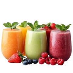  4 glasses of smoothies with fruits and mint leaves,isolated on a transparent background