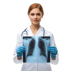 A female doctor holding an x-ray film, looking at the radiograph of the chest, isolated on a transparent background