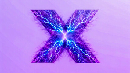 Glowing electric letter x with lightning energy effect on purple background 
