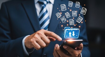 A man in a suit uses a smartphone to manage digital files and folders with upload and download icons