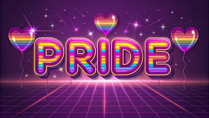 Pride celebration neon rainbow heart balloons with colorful glowing text on dark background