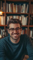 Happy student smiling in a library, surrounded by books, vertical