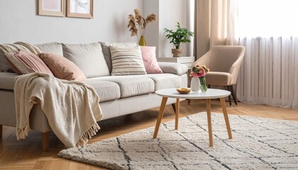 Cozy Living Room with Sofa, Table, and Floral Decor