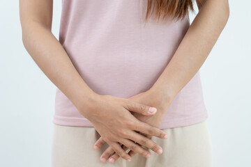 Cervical cancer, female reproductive system, woman touching lower abdomen, sexually transmitted disease, Abdominal pain patient, pelvic discomfort, leucorrhea, abnormal, vaginal tightening, repair