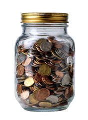 Clear glass jar filled with various coins.  Gold colored lid.  Isolated