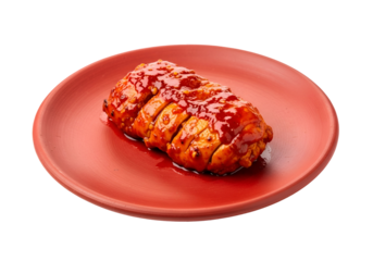 A vibrant piece of seasoned chicken breast, coated in a rich, glossy red sauce, rests on a terracotta-colored plate against a stark black background.