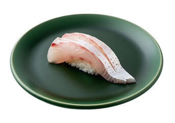 Fresh sushi nigiri, featuring two pieces of sliced fish on a dark green plate against a black backdrop.