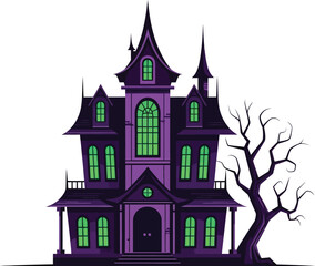Fototapeta premium Spooky haunted house with bare tree creepy mansion with glowing windows, halloween haunted house illustration