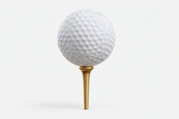 White golf ball on gold tee against white background