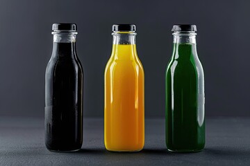 Sharp Picture of Front View Black Yellow and Green Juice in Bottles