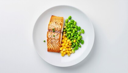 Grilled Salmon with Edamame and Corn on White Plate