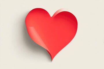 A vibrant red paper heart, subtly curled, casts a soft shadow on a light background